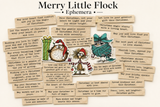 Merry Little Flock ephemera — a sheet of Christmas sentiment cards with whimsical bird characters and holiday phrases.