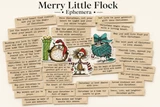Merry Little Flock ephemera. A sheet of Christmas sentiment cards with whimsical bird characters and holiday phrases.