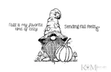 The Lil' Cozy Keeper stamp sheet: a gnome in a tall floppy hat with a long beard sitting beside a pumpkin and two mushrooms, drawn in fine crosshatching, with the sentiments 'Fall is my favorite kind of cozy.' and 'Sending fall feels'.