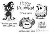 Creep It Tweet red rubber stamp sheet: spooky little birds as a ghost, witch and bat with 'Happy Halloween!,' 'Trick or tweet,' 'Witchin' you some HOCUS POCUS!' and 'got those batty vibes.'
