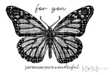 Line-art stamp sheet of a large detailed monarch butterfly with 'for you' and 'just because you're wonderful.'