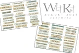 Two sheets of Woodland Wonders word strips in soft sage, blue and cream - short encouraging phrases including find your bliss, grow stronger, choose happiness, stay true, dream big, spread kindness and soar high - beside the August 2025 Whit Kit ephemera label.