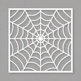 White 6x6 Midnight Lattice stencil on a grey background, cut as a centered spiderweb with curved radiating lines and layered rings.