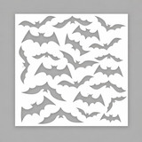 White 6x6 Twilight Swarm stencil on a grey background, cut with dozens of bat silhouettes in mid-flight scattered across the whole panel.