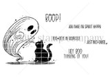 Line-art stamp sheet of a friendly ghost with a black cat and the puns 'Boop!', 'You make my spirit happy', 'Boo-lieve in yourself', 'just boo-cause' and 'Hey boo, thinking of you.'