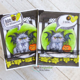 Two coordinating cards of the bat-cat in green circles, stamped 'BOO. Or whatever.' and 'I bite.'