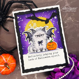 Purple night-sky card with moon, the bat-cat and pumpkin, 'Definitely judging your lack of Halloween spirit.'