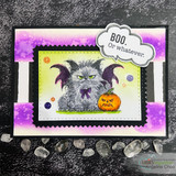 Purple-bordered card with the grumpy bat-cat and pumpkin, 'BOO. Or whatever.'