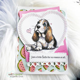 Heart-frame card of the basset hound with 'Just a little love for no reason at all.'