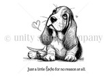 Red rubber Rescue Tales stamp of a soulful basset hound with 'Just a little love for no reason at all.'