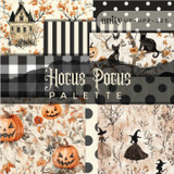 Hocus Pocus Palette 6x6 paper pack. A grid of vintage Halloween patterns including a haunted house, a black cat, orange jack-o'-lanterns and pumpkins, a witch silhouette, black-and-cream buffalo plaid and polka dots, labeled 'Hocus Pocus Palette' in a cream, black and orange color scheme.