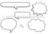 Red rubber stamp sheet: six empty speech and thought bubbles including cloud, starburst, oval, rectangle and long horizontal shapes plus tiny thinking circles.