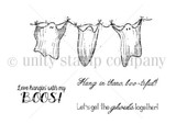 Red rubber stamp sheet: three little ghosts pegged to a clothesline like drying sheets, beside 'Love hangin' with my BOOS!', 'Hang in there, boo-tiful!' and 'Let's get the ghouls together!'