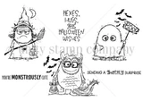 Red rubber stamp sheet with three cute Halloween monsters, a grumpy witch monster with a broom, a little ghost with a boo sign and a horned monster in glasses with a treat pail, plus the sentiments "HEXES, HUGS, AND HALLOWEEN WISHES", "YOU'RE MONSTROUSLY CUTE" and "SENDING A GHOSTLY SURPRISE".