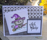 Card with the purple-hatted witch cat on its broom and a 'Witch please' panel.