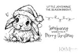 Red rubber stamp sheet for Santa's Cottontail: a fluffy lop-eared bunny in a Santa hat, a string of lights, and the sentiments "LITTLE JOYS MAKE THE SEASON BRIGHT." and "Somebunny wishes you a Merry Christmas."