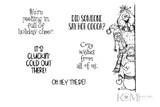 Fowl Weathered Friends red rubber stamp sheet: a stack of bundled-up chickens in winter scarves with 'We're peeking in, full of holiday cheer,' 'It's cluckin' cold out there!' and 'Cozy wishes from all of us.'