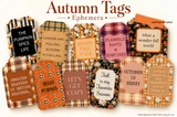 Autumn Tags ephemera sheet: a grid of fall gift tags in rust, plaid, black and cream, printed with pumpkin, sweater weather and cozy season sayings, not pre cut.