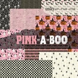 Pink-A-Boo paper pack in overlapping sheets: jack o lanterns on bubblegum pink, grey ghosts, black dandelions and spiders, pink and black harlequin, and a black and white checkerboard, labeled UP-PAB-208.