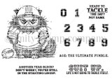 Line-art stamp sheet of a grumpy cat in football gear with number stamps and sentiments 'suit up. life's not going to tackle itself,' 'ready to tackle the day? no? same' and 'age: the ultimate fumble.'