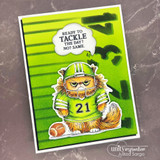 Green card of the football cat in jersey number 21, 'ready to tackle the day? no? same.'