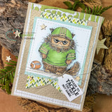 Card of the football cat in a green hoodie, 'ready to tackle the day? no? same.'