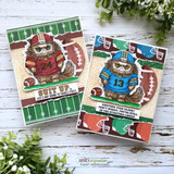 Card pair of the football cat in red and blue jerseys on field papers, 'suit up' and 'another year older.'