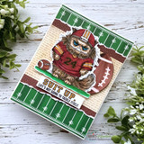 Card made with Tailgate and Touchdowns papers, a grumpy owl in a red number 24 jersey and helmet on a green football-field panel with a small football.