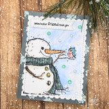 Card with the snowman in a teal scarf and the bird over a gray snowy panel and 'snow better friend than you.'