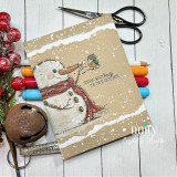 Kraft card with the snowman in a red scarf and the bird with the warm-hugs sentiment.