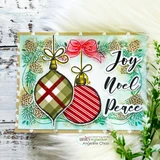 Card with the teardrop filled with green plaid and the round ornament with red stripes, under a red bow among pine and pinecones, with 'Joy', 'Noel' and 'Peace'.