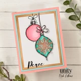 Card with the round ornament colored pink and the teardrop in teal with a copper snowflake, on white with pink and gold mats, and 'Peace'.