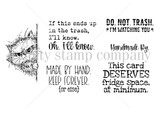 Red rubber stamp sheet: peeking grumpy cat plus five snarky sentiments including 'This card DESERVES fridge space, at minimum'