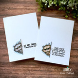 Two white cards on wood with the peeking grumpy kitty stamped beside 'DO. NOT. TRASH. I'M WATCHING YOU' and 'This card DESERVES fridge space, at minimum'