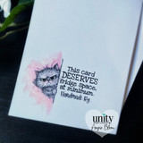 Soft pink watercolor card with the scowling kitty and 'This card DESERVES fridge space, at minimum. Handmade By' sentiments