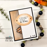 Second angle of the tan layered card with the trash-talking kitty and oval sentiment label