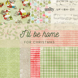 Cover of the I'll Be Home for Christmas 6x6 paper pack from Unity Stamp Co — a wreath of tiny houses over holly and homespun green and red prints, with the title in script.