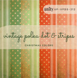 Cover of the Vintage Polka Dot & Stripes paper pack in Christmas colors, soft green, red and cream polka-dot and stripe patterns, labeled 'vintage polka dot & stripes Christmas colors'.