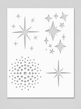 Atomic Sparkle Stencil — a craft stencil of retro atomic starbursts and a dotted sphere for sparkly card backgrounds.