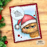 Blue-sky card of the red-hatted grumpy cat, 'santa, don't bother. I'm already on the naughty list.'
