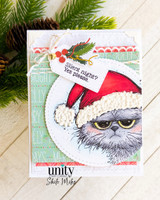 Card of the grumpy grey cat in a red hat on a stitched circle, 'silent night? yes please.'