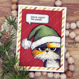Card of the grumpy cat in a green stocking hat on a red panel, 'silent night? yes please.'