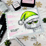 Pink-striped card of the grumpy cat in a lime-green stocking hat, 'silent night? yes please.'
