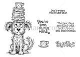 Dog-Eared Days red rubber stamp set in line art: a fluffy scruffy pup balancing a tall stack of books topped with a teacup, plus a teacup, a cluster of hearts and the sentiments “Don't worry. You've got this,” “The best days are filled with books, brews and best friends” and “You've been on my mind.” Illustrated by Lisa Arana.