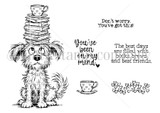 Red rubber stamp sheet with a shaggy dog balancing a stack of books and a teacup on its head, beside 'The best days are filled with books, brews and best friends.' and 'You've been on my mind.'