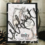 Black framed card with vellum layers, the two flutes stamped in outline and a large black celebrate script die cut across the front.