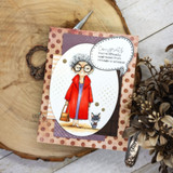 Card with the older lady in a red coat and 'Congrats. You've officially upgraded from vintage to antique'.