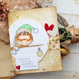 Kraft card with the bird in a green and pink striped scarf stamped on a white circle, red hearts and twine at the side, and a small banner reading "No distance can dim the warmth of Christmas love."