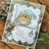 Card with the bird in a mint hat and blue striped scarf on a scalloped snowy panel over green plaid paper, sentiment "No distance can dim the warmth of Christmas love."