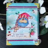 Bright card with the bird colored blue in a pink pom hat, stamped over a cloudy sky panel with teal and magenta borders and a hanging ornament, sentiment "The season shines brighter when you're near."